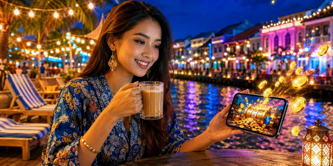 Pengguna menggunakan telefon pintar untuk bermain kasino dalam suasana santai bergaya Melayu di Melaka